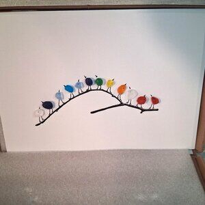 12 Seaglass Birds On A Branch On Photo Board rainbow Glass Art Handmade NIB